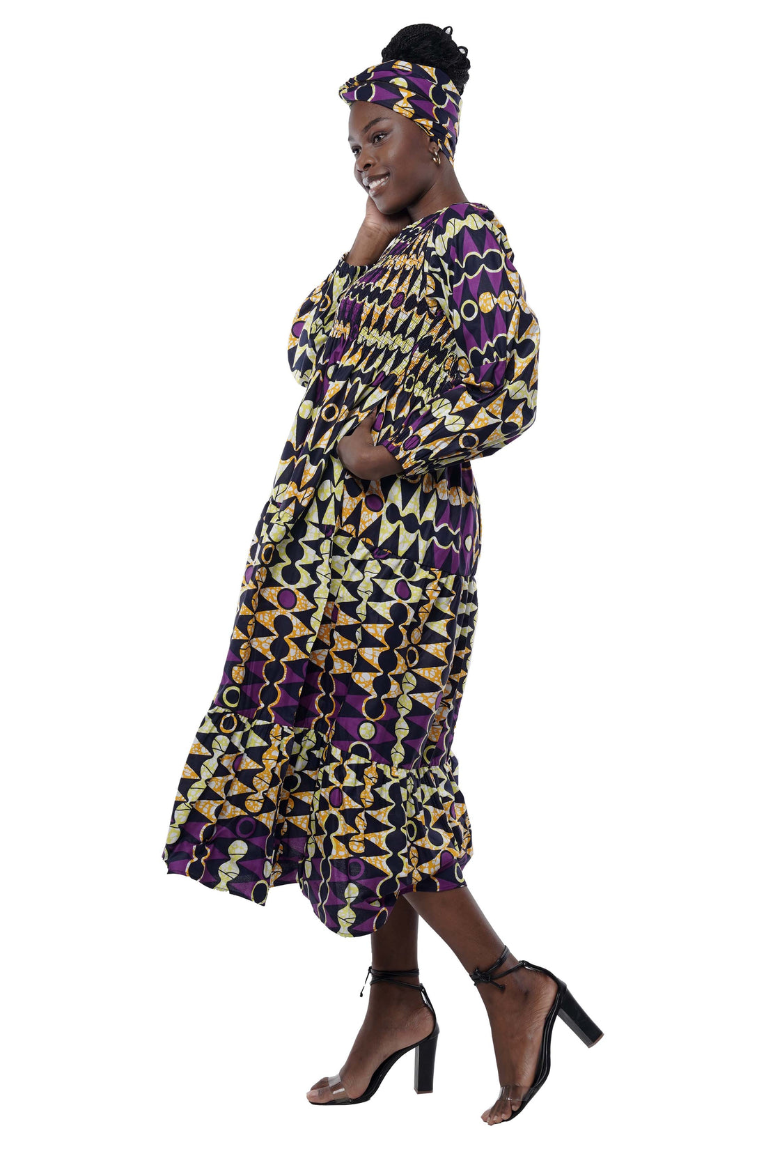 African smocked maxi tiered dress with long sleeves and headwrap
Cotton V-neck African maxi dress with pockets
Afrocentric long sleeve tiered dress one size fits most
African dresses for women