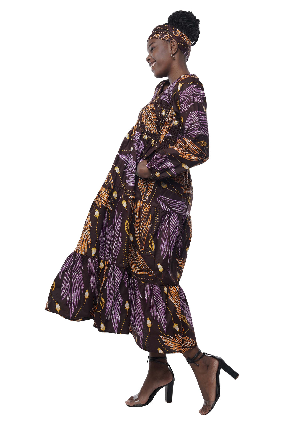 African smocked maxi tiered dress with long sleeves and headwrap
Cotton V-neck African maxi dress with pockets
Afrocentric long sleeve tiered dress one size fits most
African dresses for women