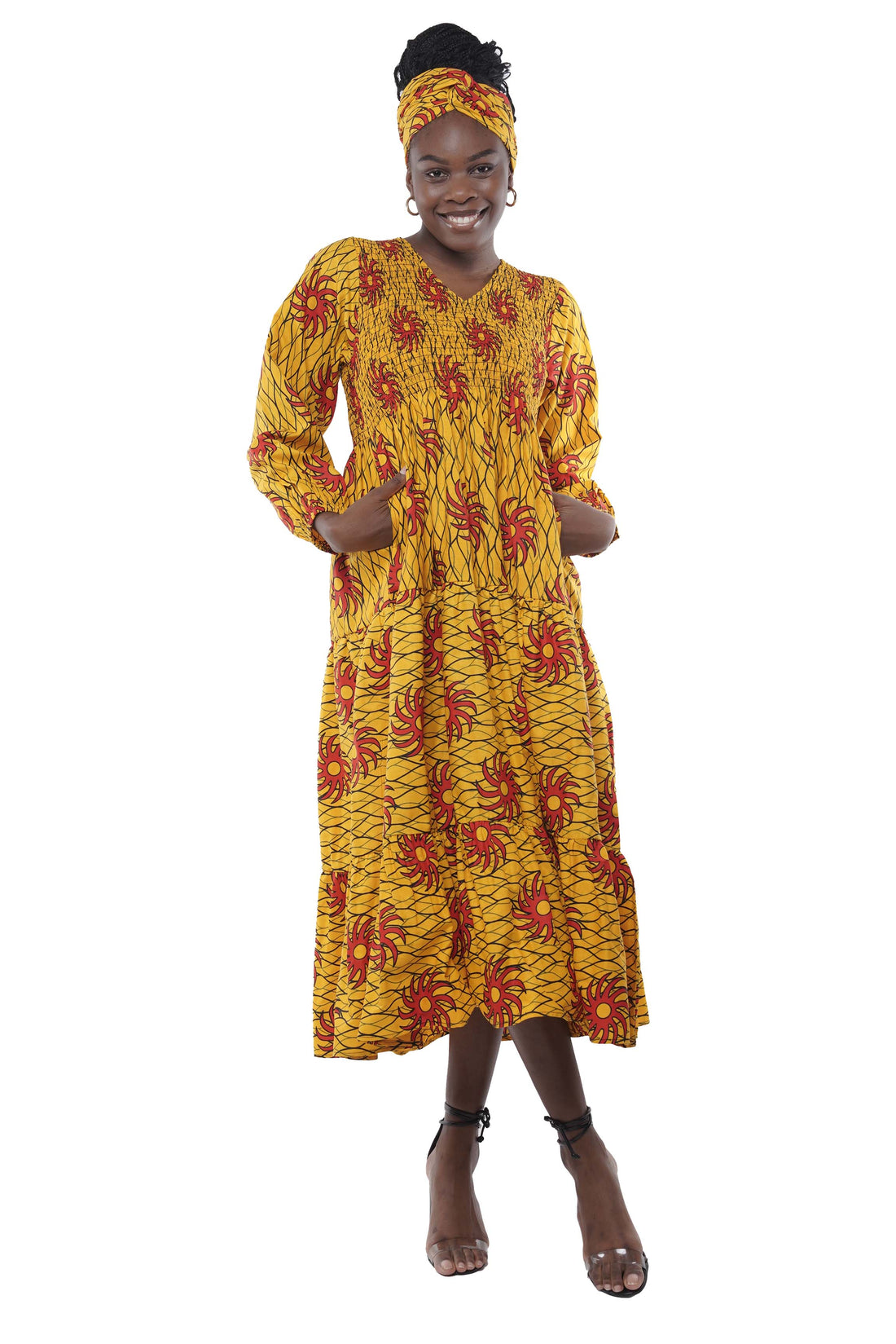 African Smocked Maxi Tiered Dress w/ Headwrap – Long Sleeve Cotton
