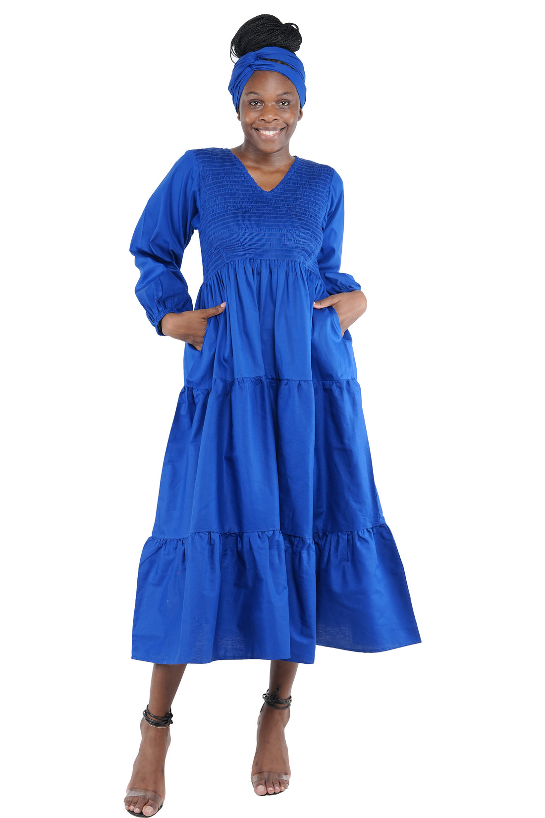 Blue Long Smocked Tier Dress
