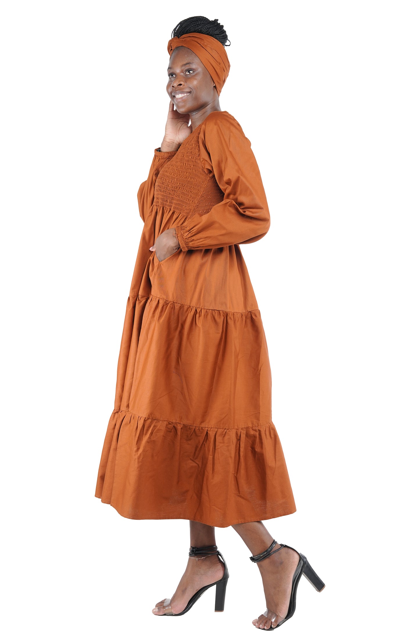 Brown Long Smocked Tier Dress