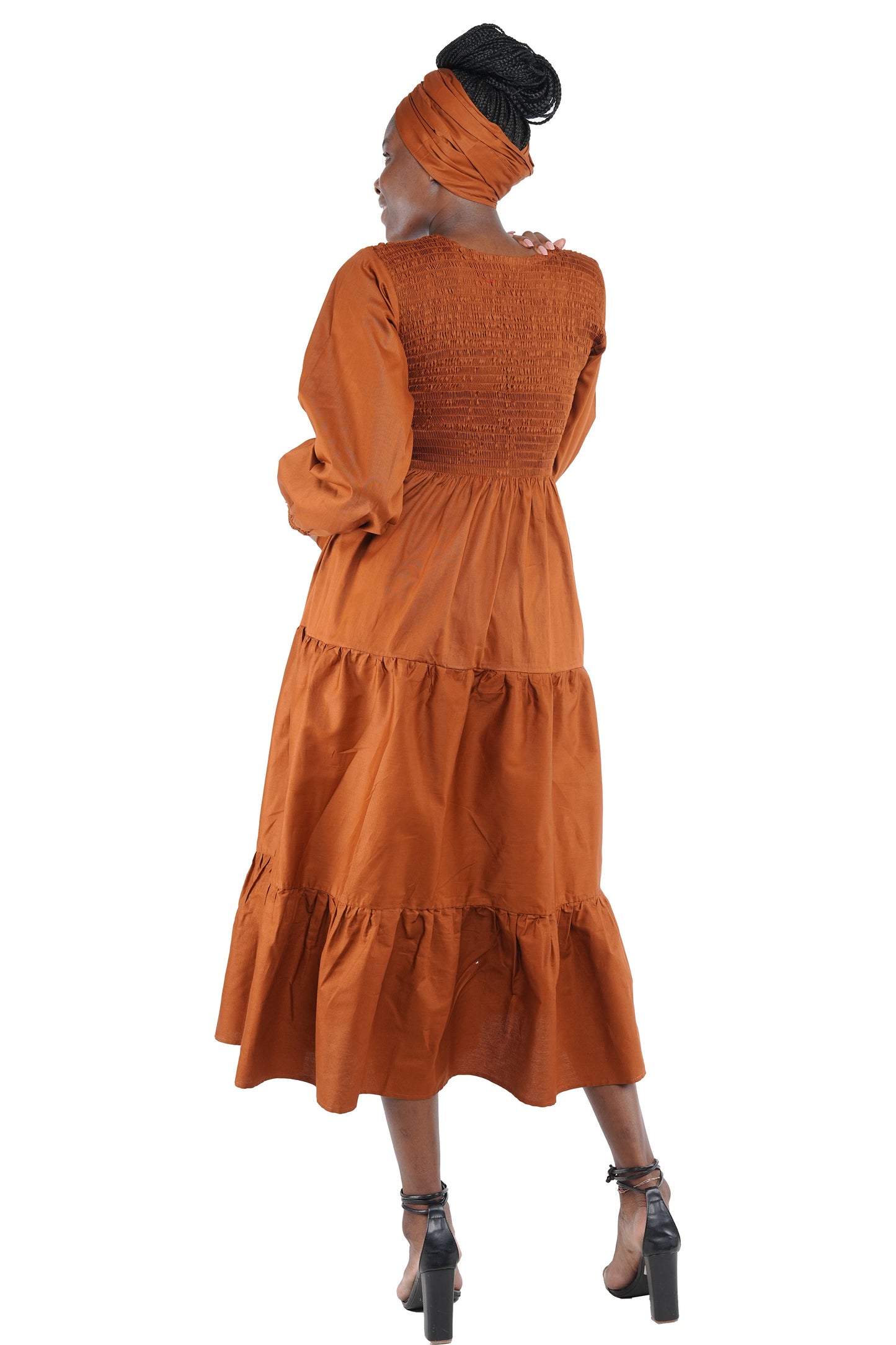 Brown Long Smocked Tier Dress