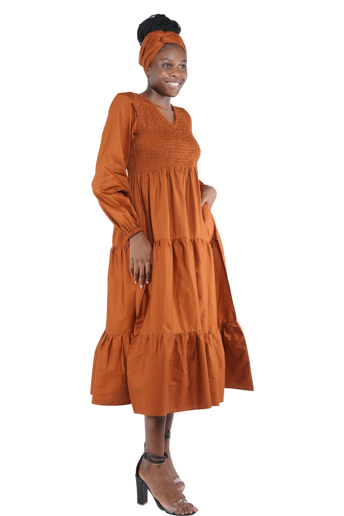 Brown Long Smocked Tier Dress