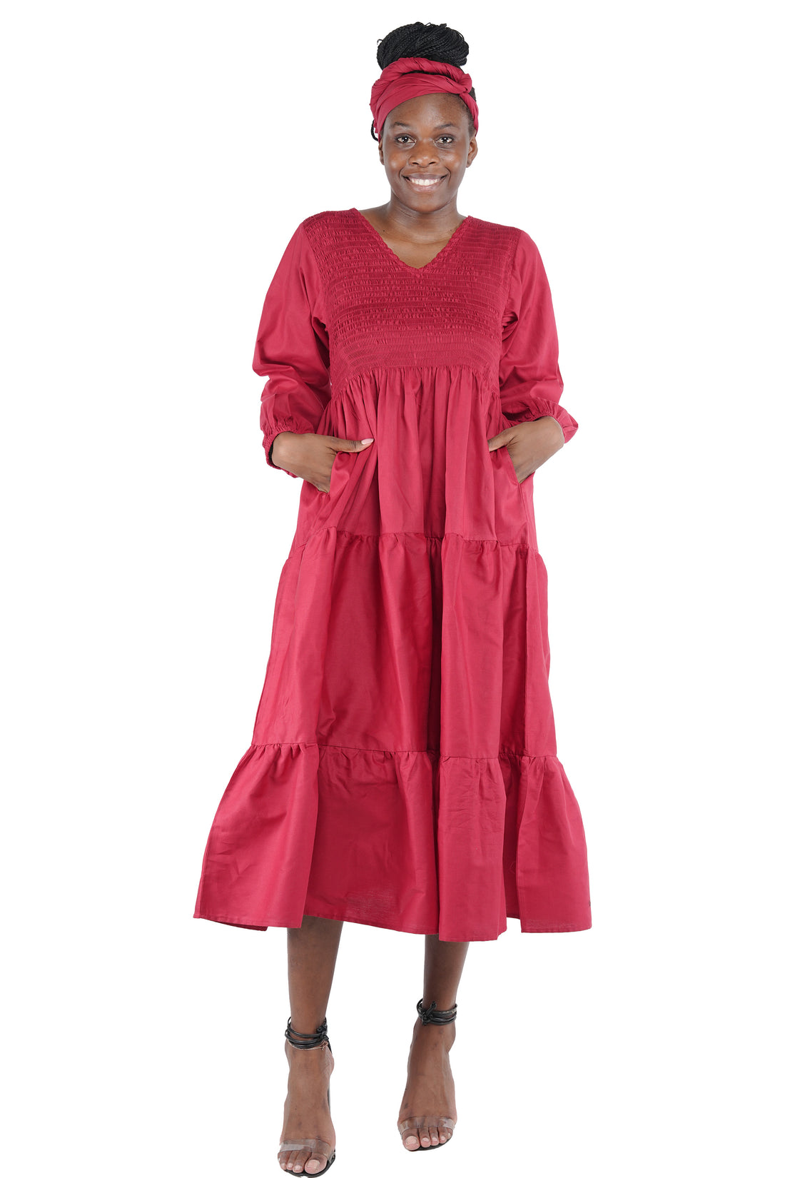 African smocked maxi tiered dress with long sleeves and headwrap
Cotton V-neck African maxi dress with pockets
Afrocentric long sleeve tiered dress one size fits most
African dresses for women