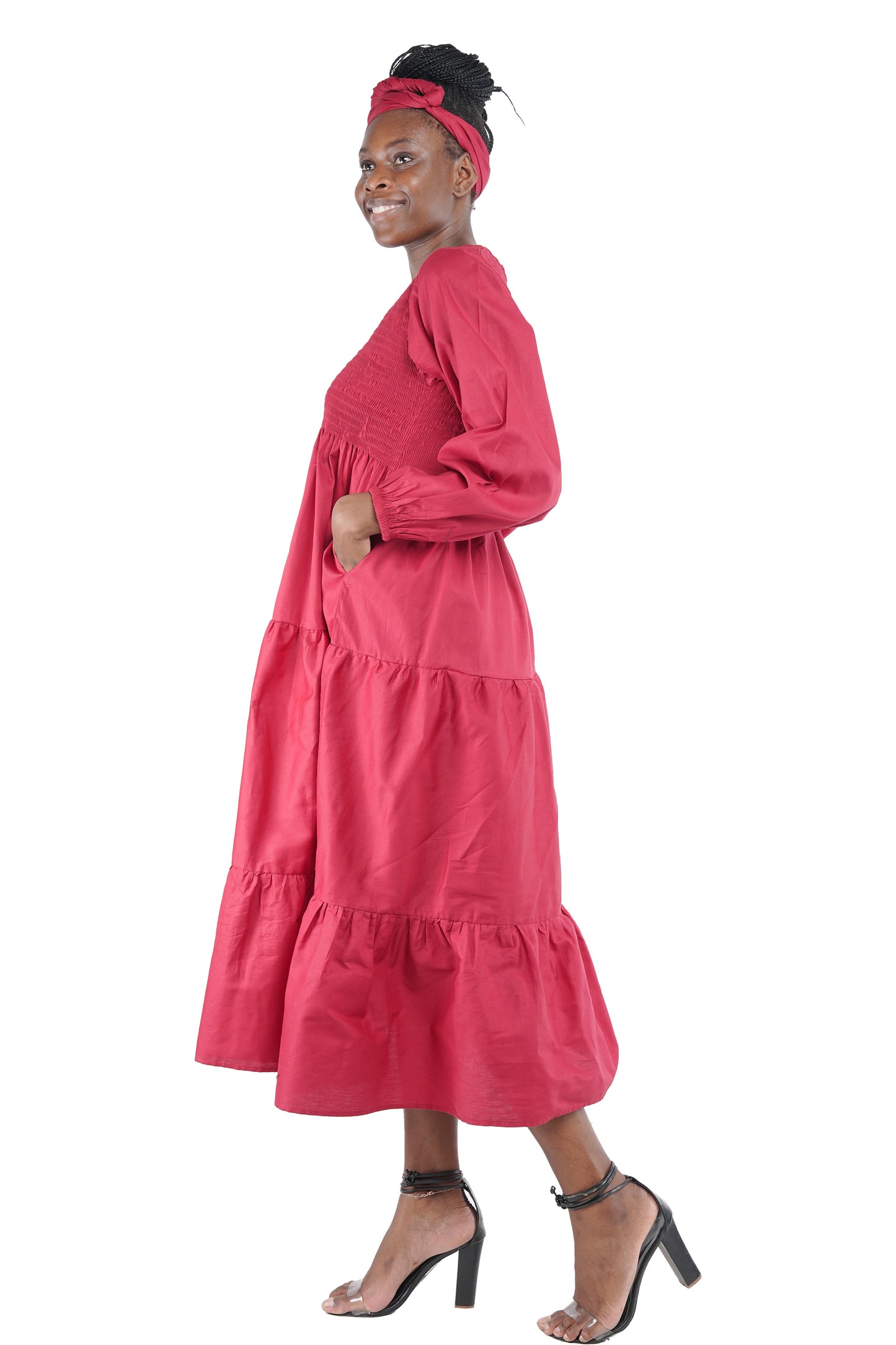 Maroon Long Smocked Tier Dress