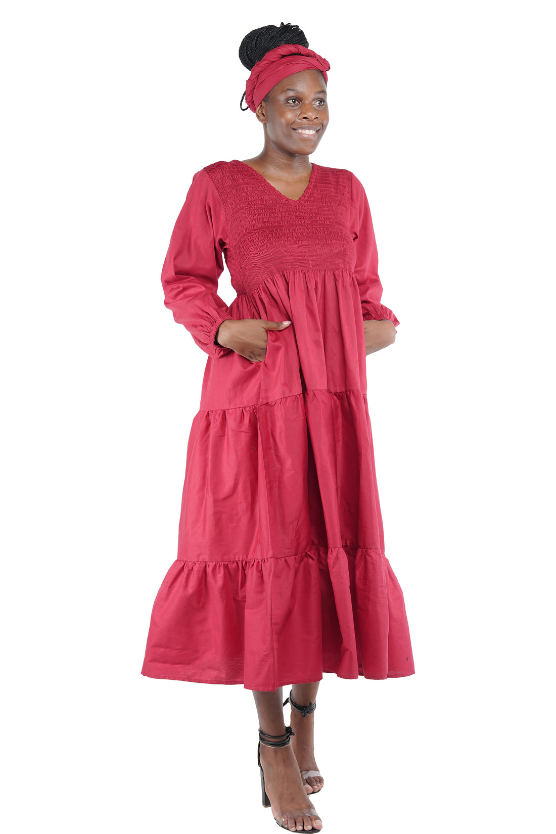 African smocked maxi tiered dress with long sleeves and headwrap
Cotton V-neck African maxi dress with pockets
Afrocentric long sleeve tiered dress one size fits most
African dresses for women