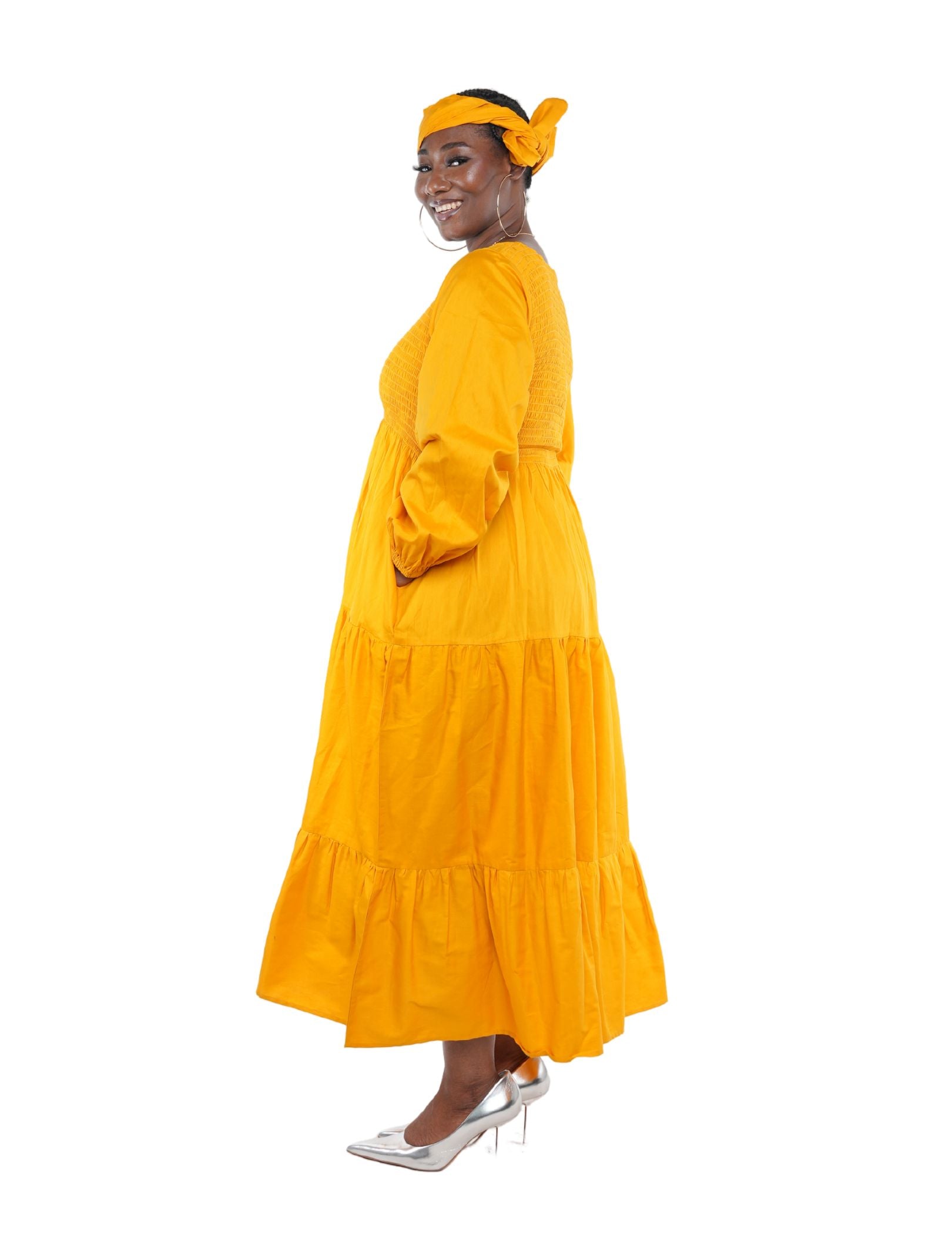 Mustard Long Smocked Tier Dress