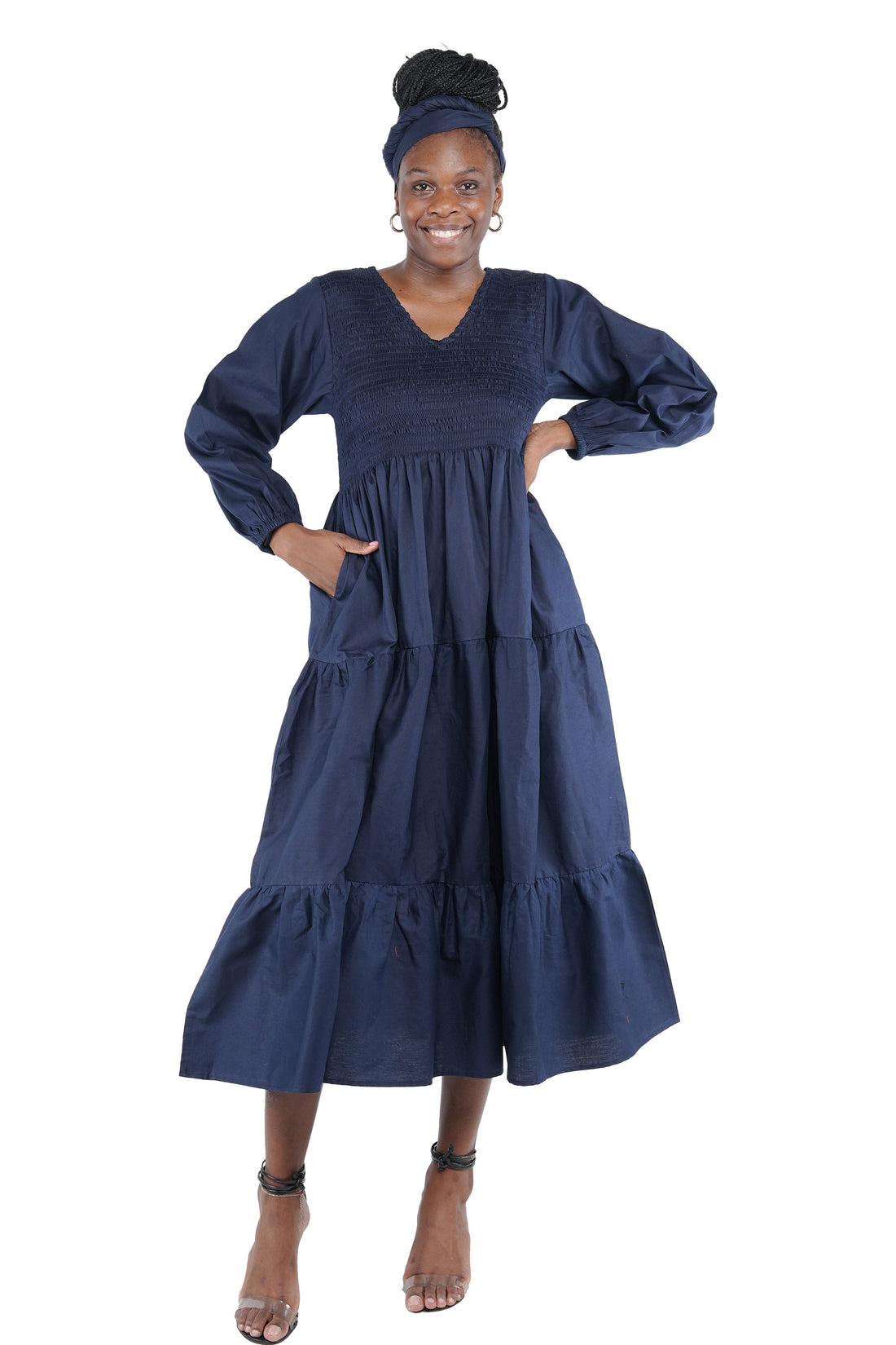 African smocked maxi tiered dress with long sleeves and headwrap
Cotton V-neck African maxi dress with pockets
Afrocentric long sleeve tiered dress one size fits most
African dresses for women