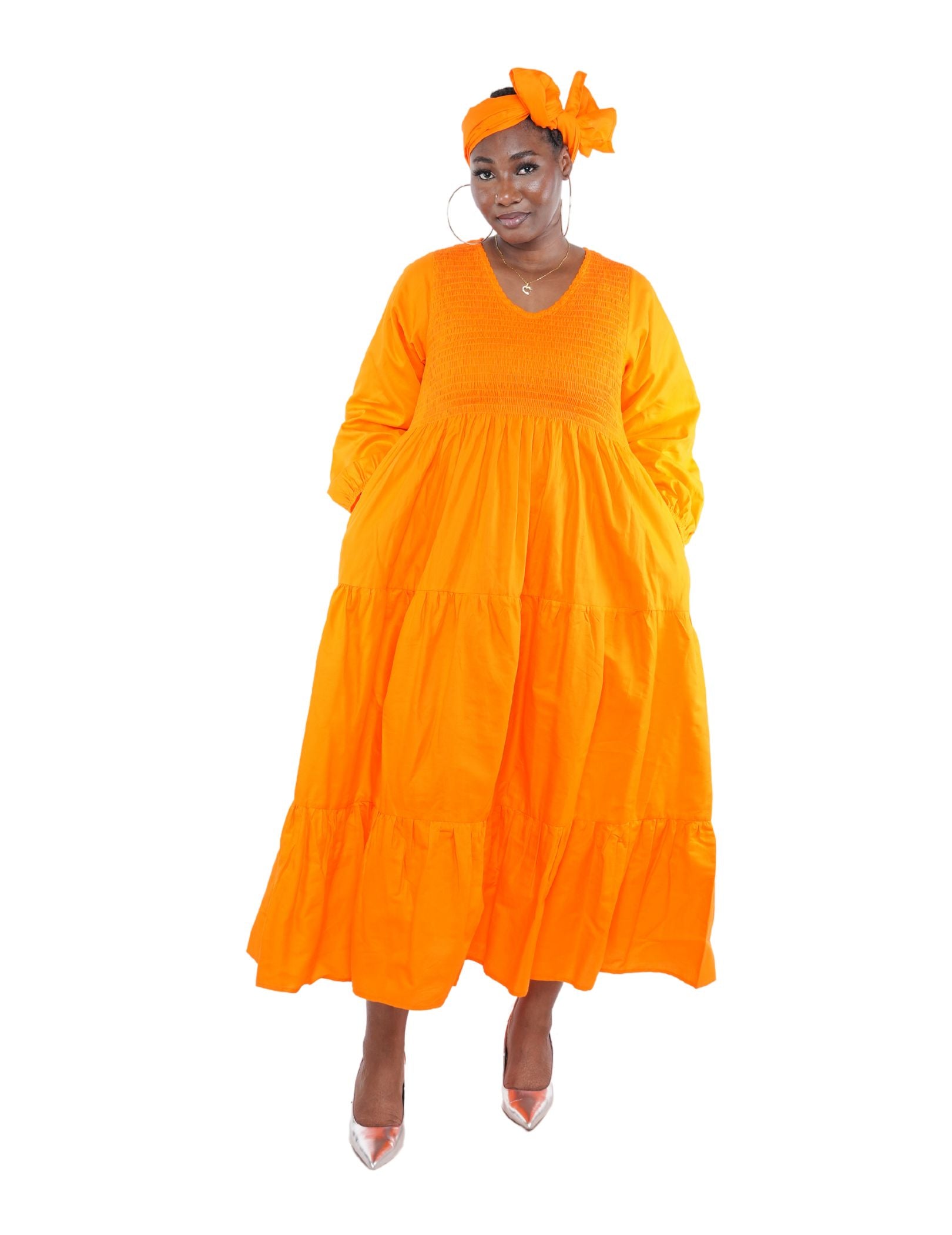 Orange Long Smocked Tier Dress