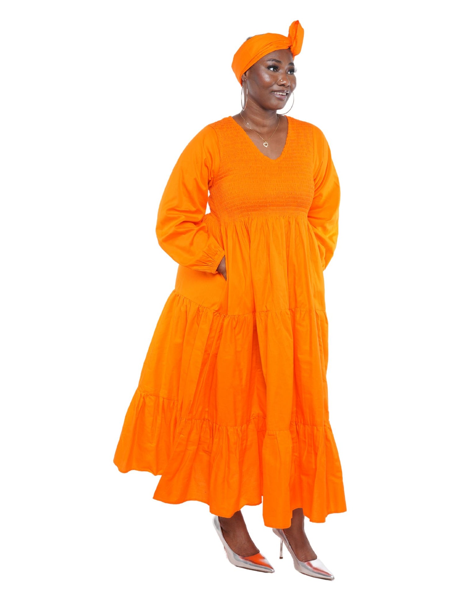 Orange Long Smocked Tier Dress