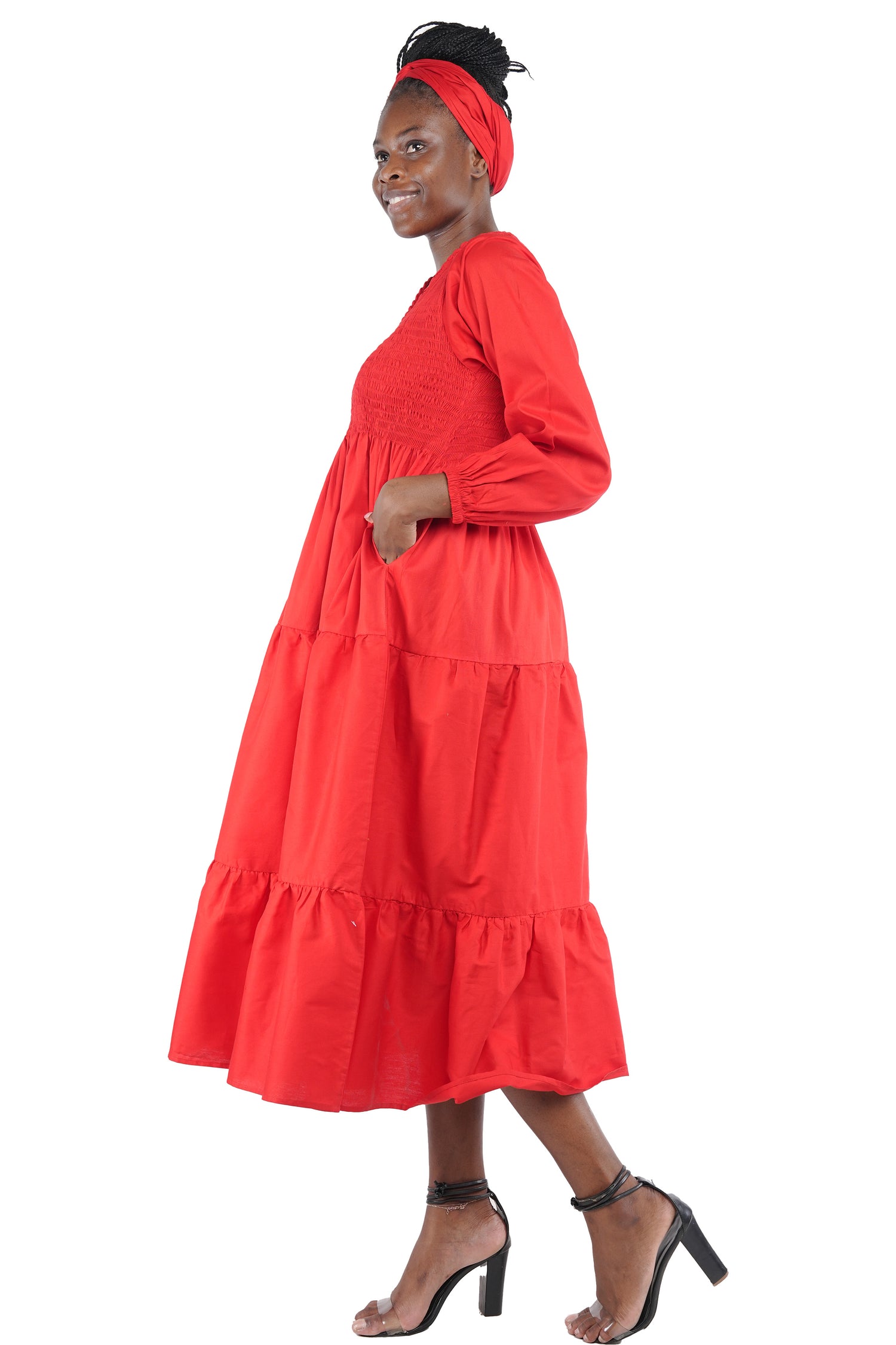 Red Long Smocked Tier Dress