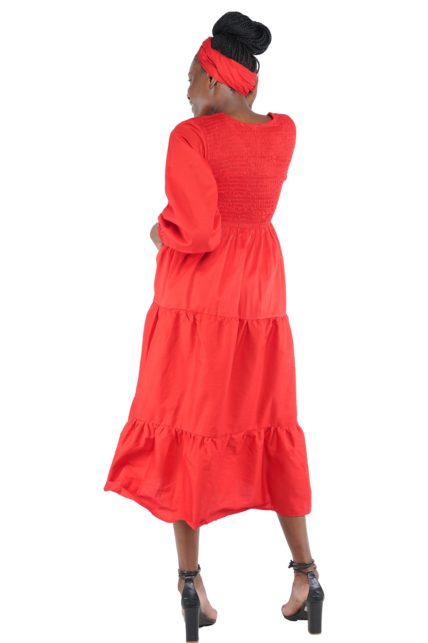 Red Long Smocked Tier Dress