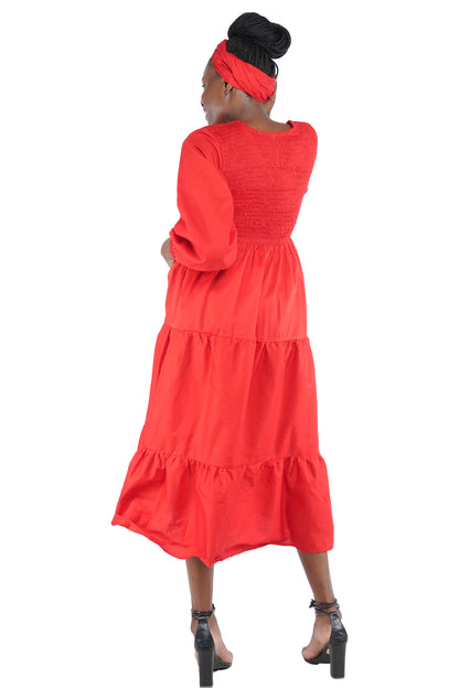 Red Long Smocked Tier Dress