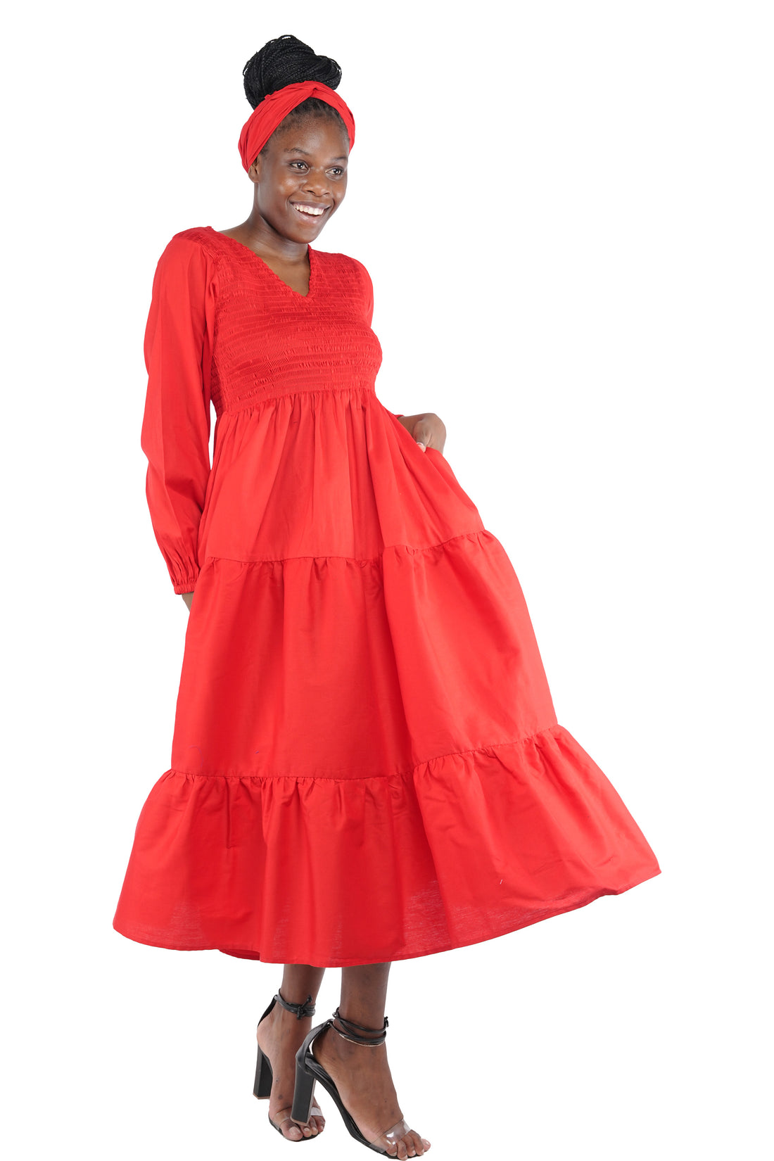 African smocked maxi tiered dress with long sleeves and headwrap
Cotton V-neck African maxi dress with pockets
Afrocentric long sleeve tiered dress one size fits most
African dresses for women