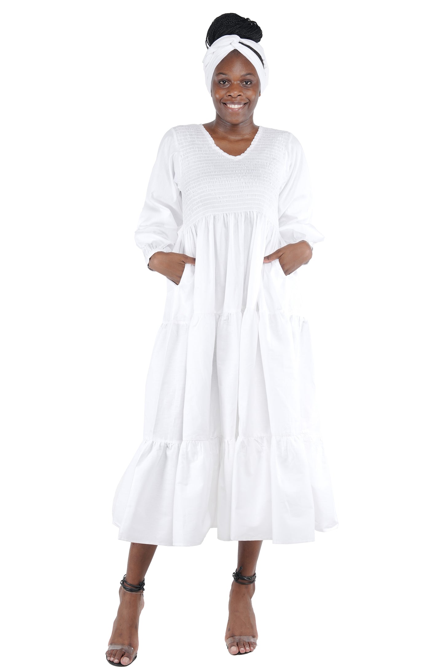 White Long Smocked Tier Dress