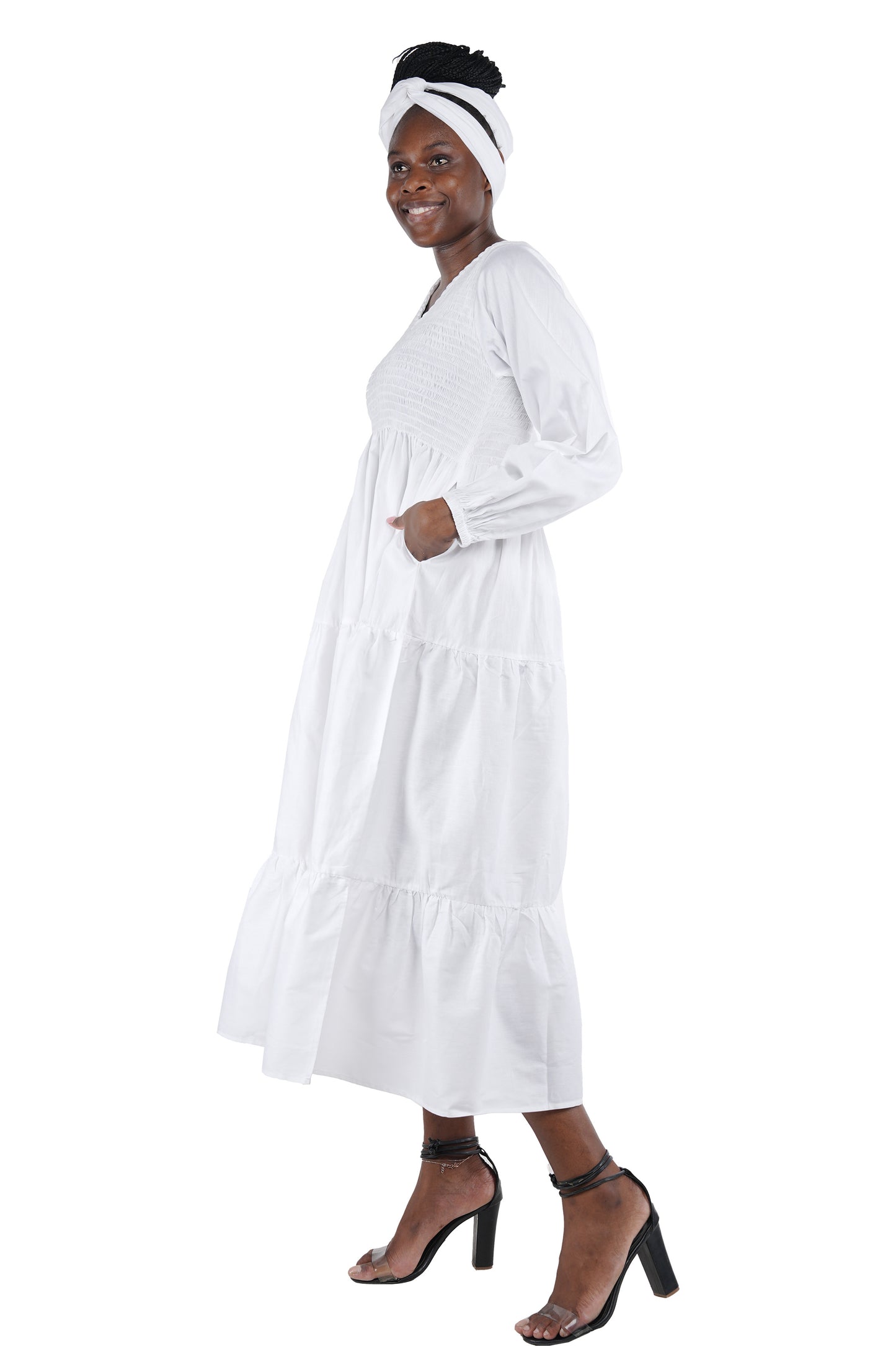 White Long Smocked Tier Dress