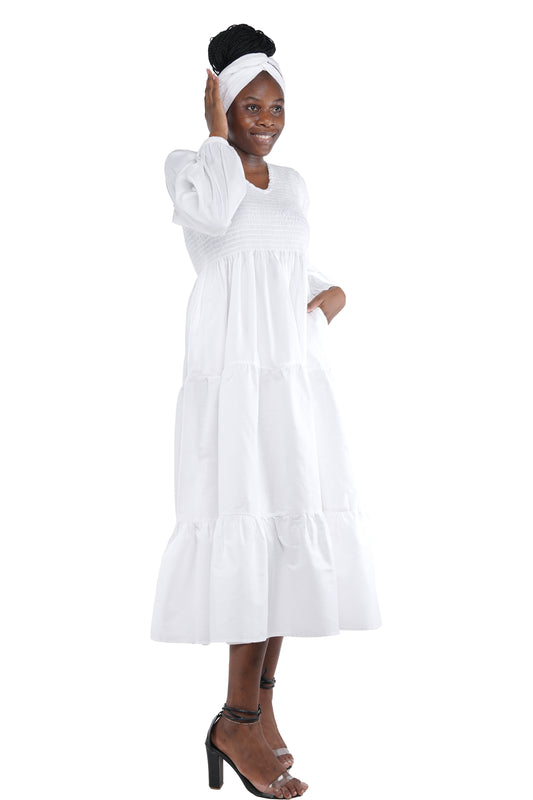 White Long Smocked Tier Dress