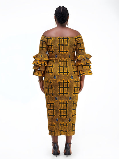 Long African Print Smocked Pencil Dress with Tiered Ruffle Sleeves
