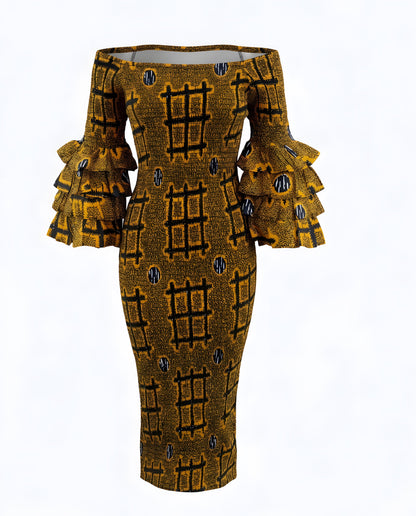 Long African Print Smocked Pencil Dress with Tiered Ruffle Sleeves