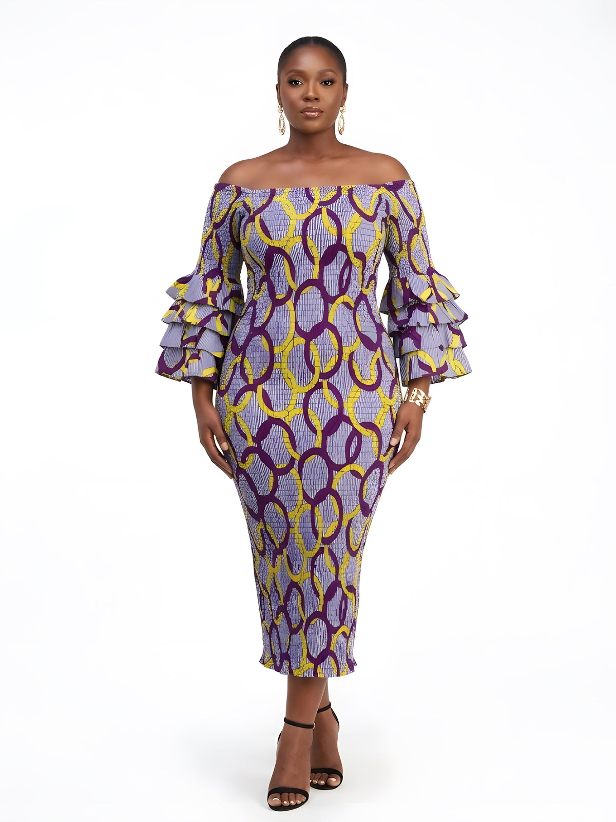 Long African Print Smocked Pencil Dress with Tiered Ruffle Sleeves