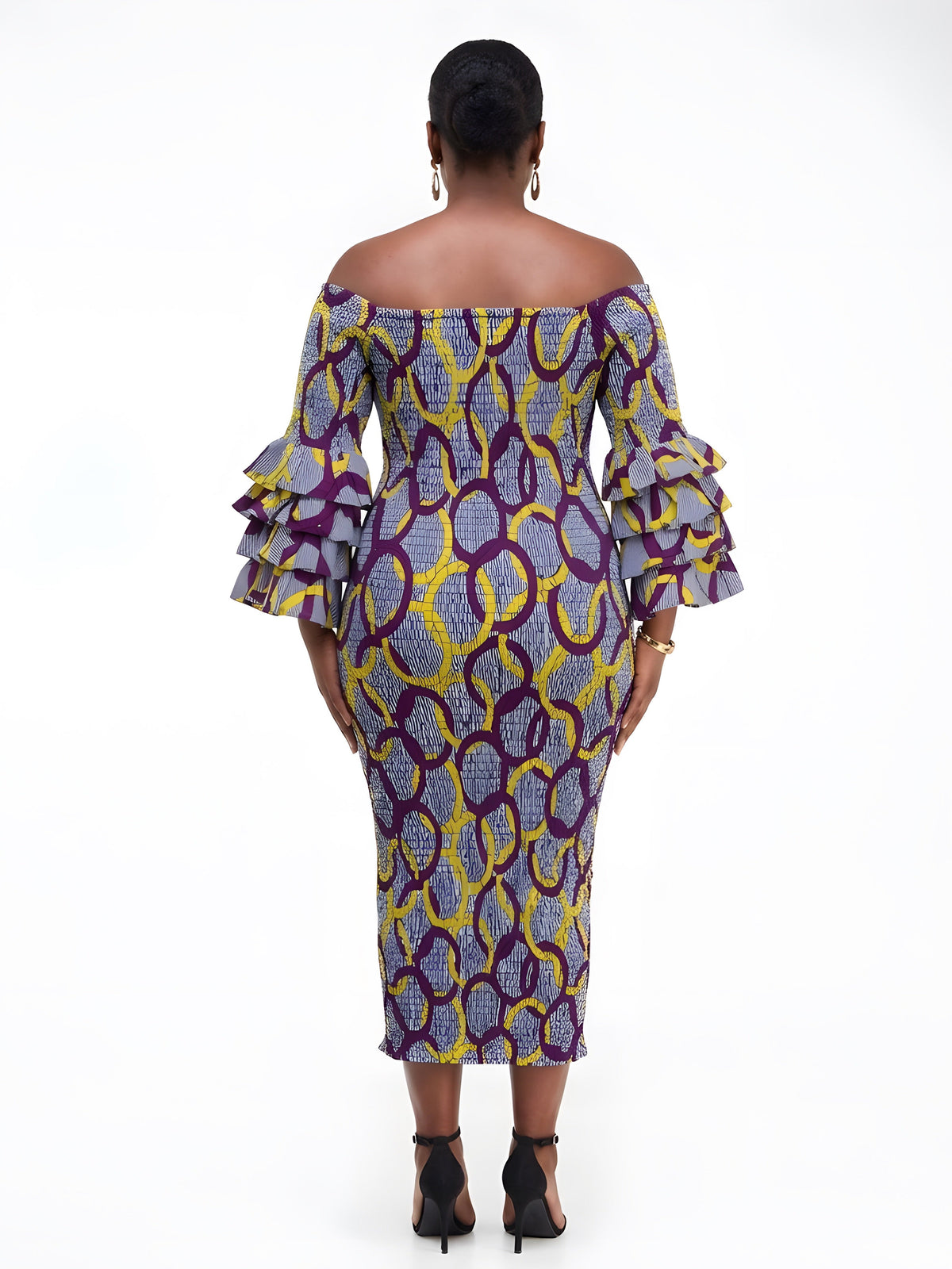 Long African Print Smocked Pencil Dress with Tiered Ruffle Sleeves
