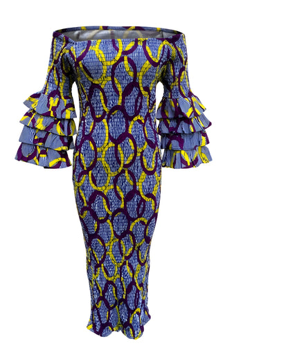Long African Print Smocked Pencil Dress with Tiered Ruffle Sleeves
