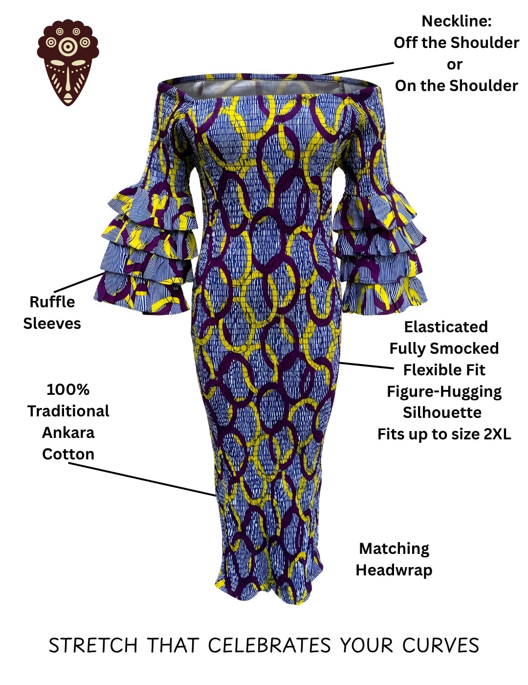 Long African Print Smocked Pencil Dress with Tiered Ruffle Sleeves