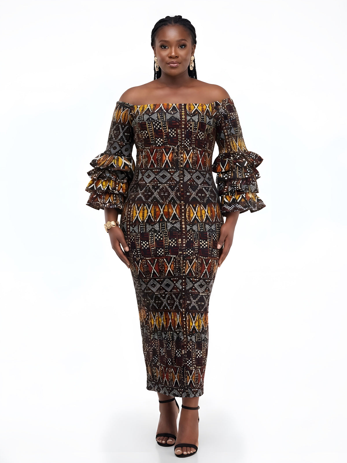 Long African Print Smocked Pencil Dress with Tiered Ruffle Sleeves