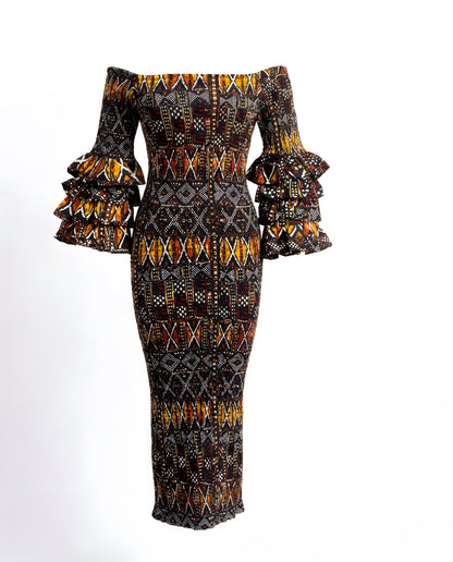 Long African Print Smocked Pencil Dress with Tiered Ruffle Sleeves