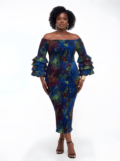 Long African Print Smocked Pencil Dress with Tiered Ruffle Sleeves