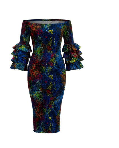Long African Print Smocked Pencil Dress with Tiered Ruffle Sleeves