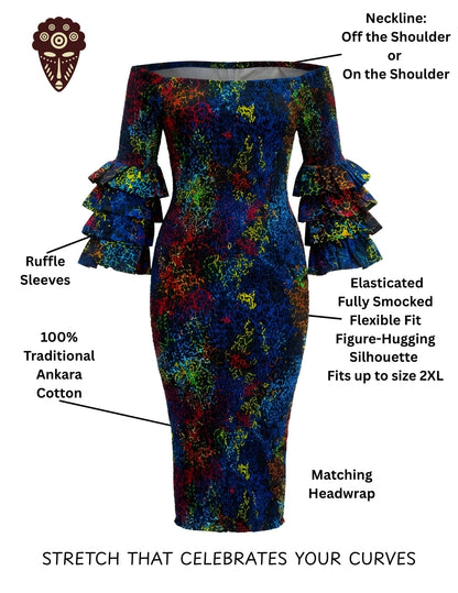Long African Print Smocked Pencil Dress with Tiered Ruffle Sleeves