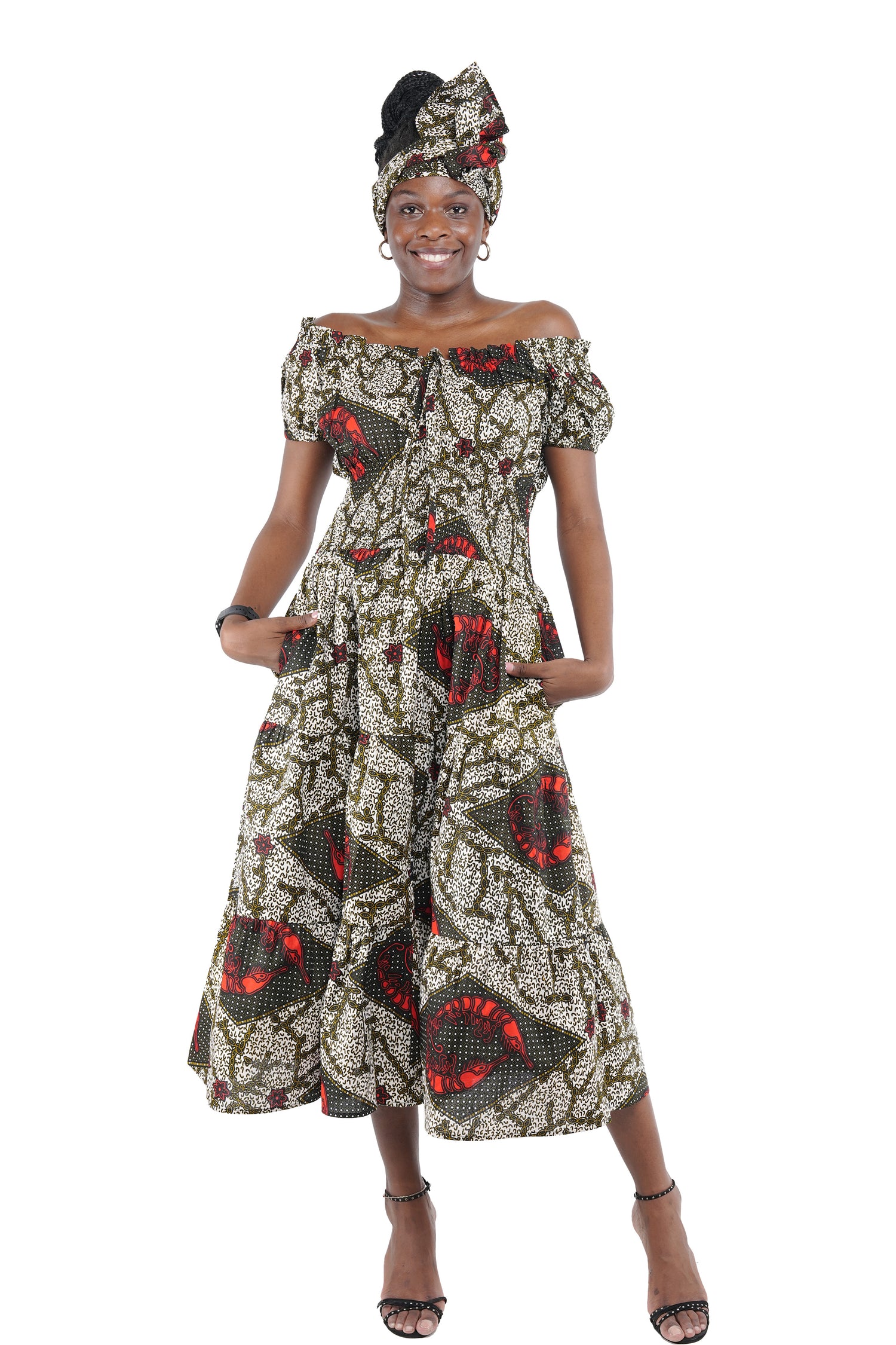 African Off-Shoulder Layered Midi Dress 100% Cotton w/ Smocked Waist & Headwrap Satsuma African Clothing African Off-Shoulder Layered Midi Dress 100% Cotton w/ Smocked Waist & Headwrap Satsuma African Clothing