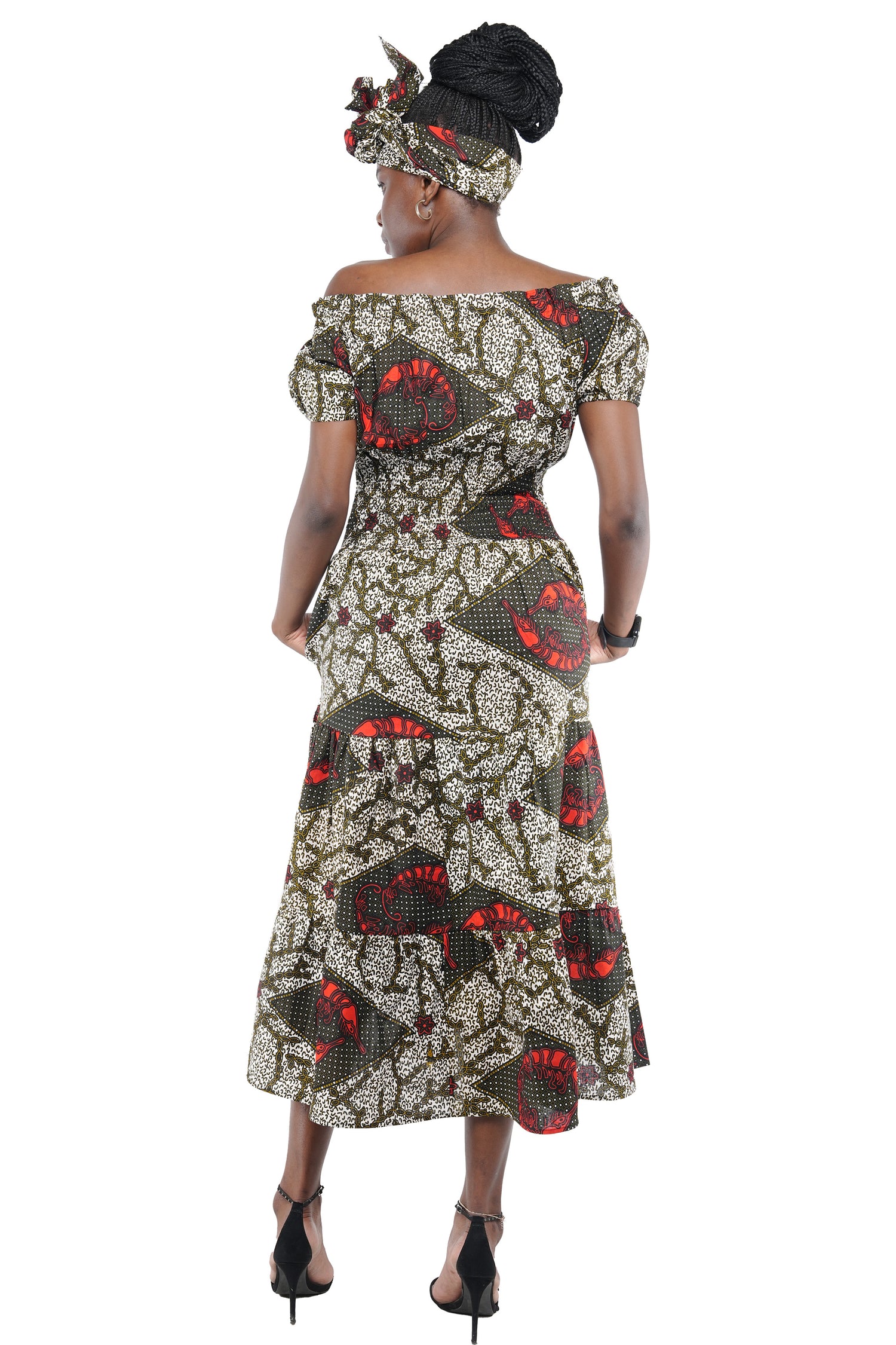 African Off-Shoulder Layered Midi Dress 100% Cotton w/ Smocked Waist & Headwrap Satsuma African Clothing African Off-Shoulder Layered Midi Dress 100% Cotton w/ Smocked Waist & Headwrap Satsuma African Clothing
