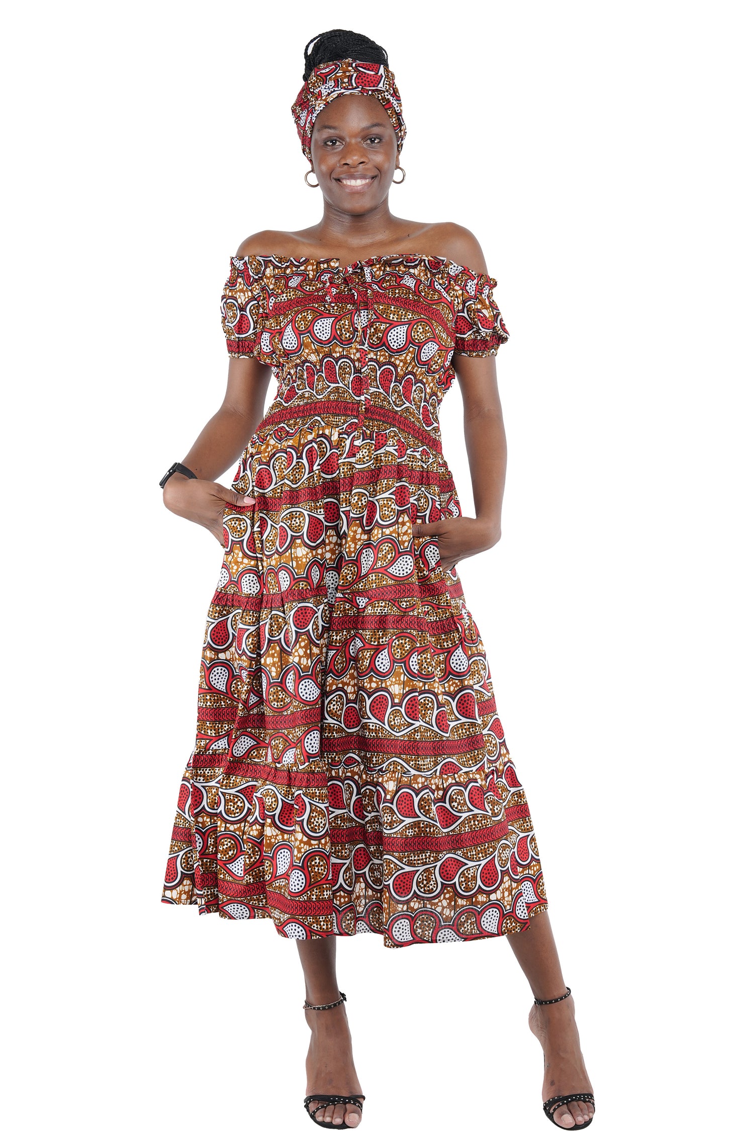 African Off-Shoulder Layered Midi Dress 100% Cotton w/ Smocked Waist & Headwrap Satsuma African Clothing African Off-Shoulder Layered Midi Dress 100% Cotton w/ Smocked Waist & Headwrap Satsuma African Clothing