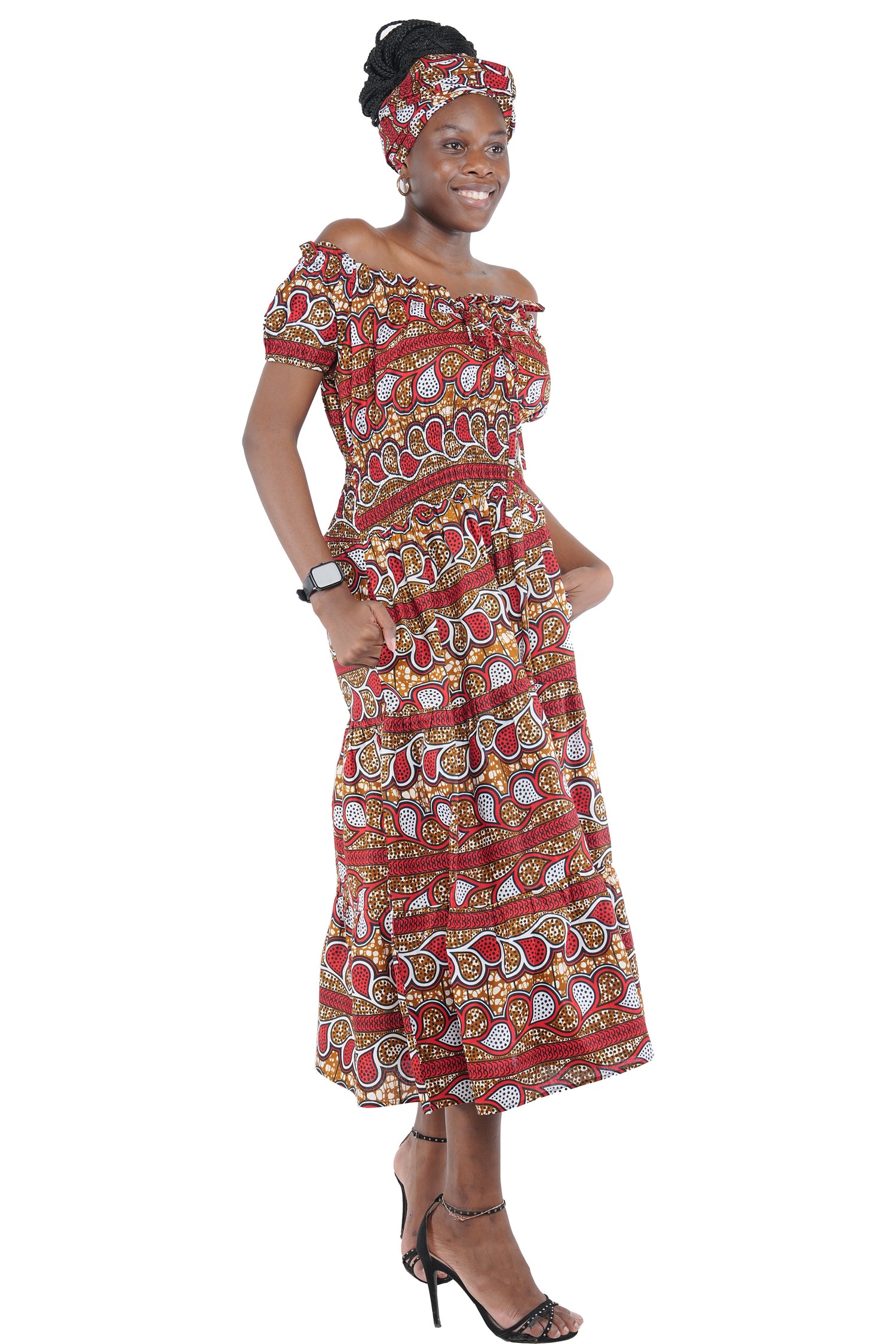 African Off-Shoulder Layered Midi Dress 100% Cotton w/ Smocked Waist & Headwrap Satsuma African Clothing African Off-Shoulder Layered Midi Dress 100% Cotton w/ Smocked Waist & Headwrap Satsuma African Clothing