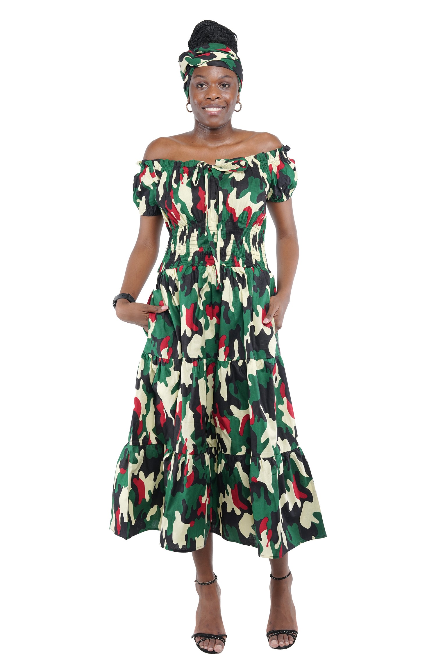 African Off-Shoulder Layered Midi Dress – 100% Cotton w/ Smocked Waist & Headwrap – Satsuma African Clothing African Off-Shoulder Layered Midi Dress – 100% Cotton w/ Smocked Waist & Headwrap – Satsuma African Clothing