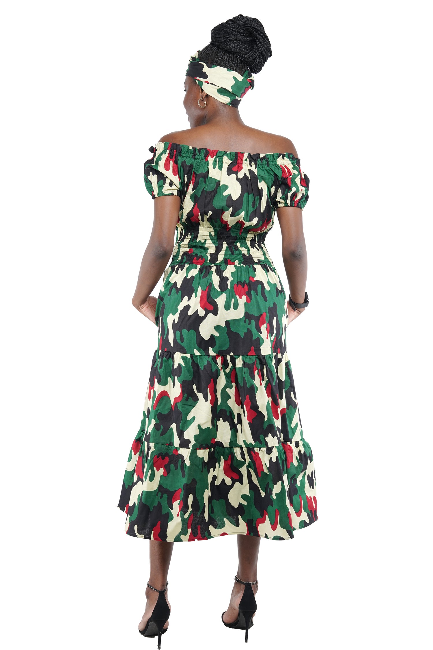 African Off-Shoulder Layered Midi Dress – 100% Cotton w/ Smocked Waist & Headwrap – Satsuma African Clothing African Off-Shoulder Layered Midi Dress – 100% Cotton w/ Smocked Waist & Headwrap – Satsuma African Clothing