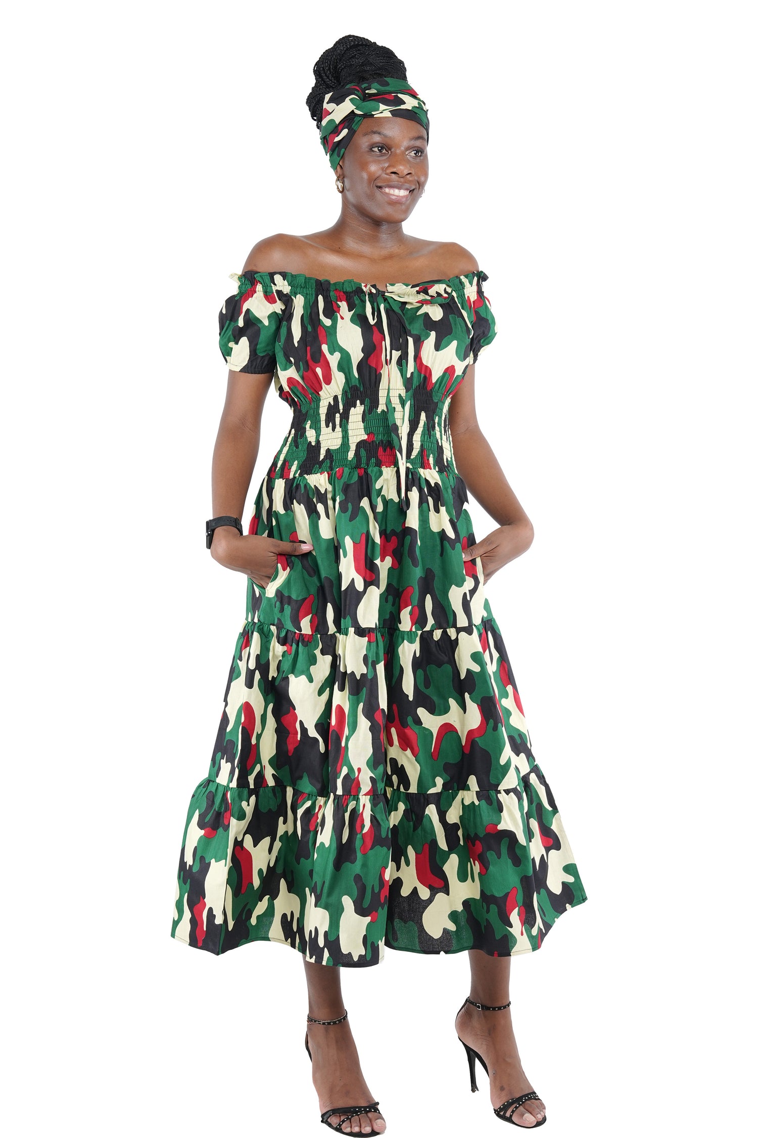 African Off-Shoulder Layered Midi Dress 100% Cotton w/ Smocked Waist & Headwrap Satsuma African Clothing African Off-Shoulder Layered Midi Dress 100% Cotton w/ Smocked Waist & Headwrap Satsuma African Clothing