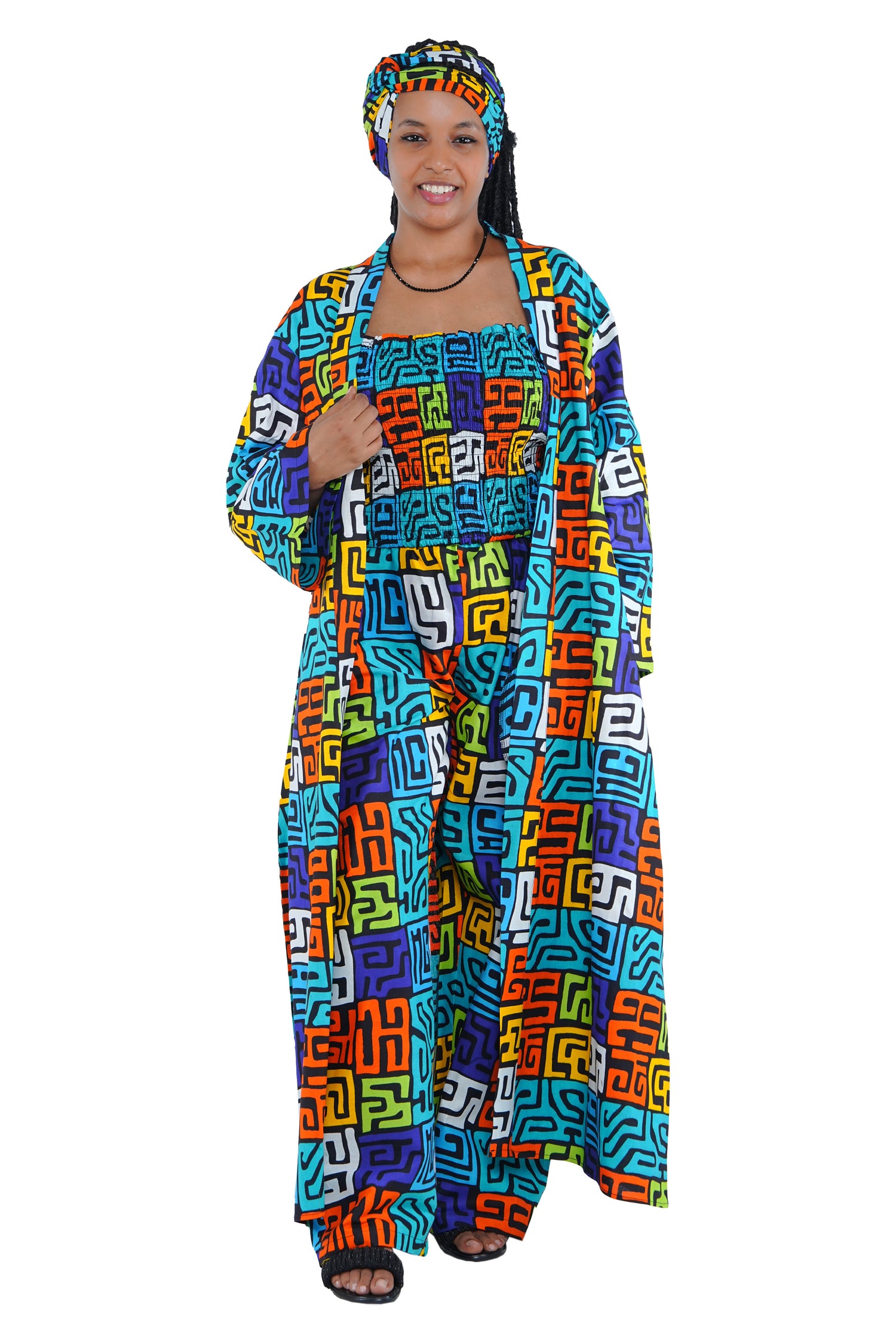 African print 3-piece outfit with smocked top, pants, kimono, and head wrap – front view