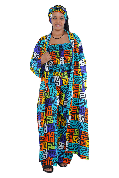 African print 3-piece outfit with smocked top, pants, kimono, and head wrap – front view