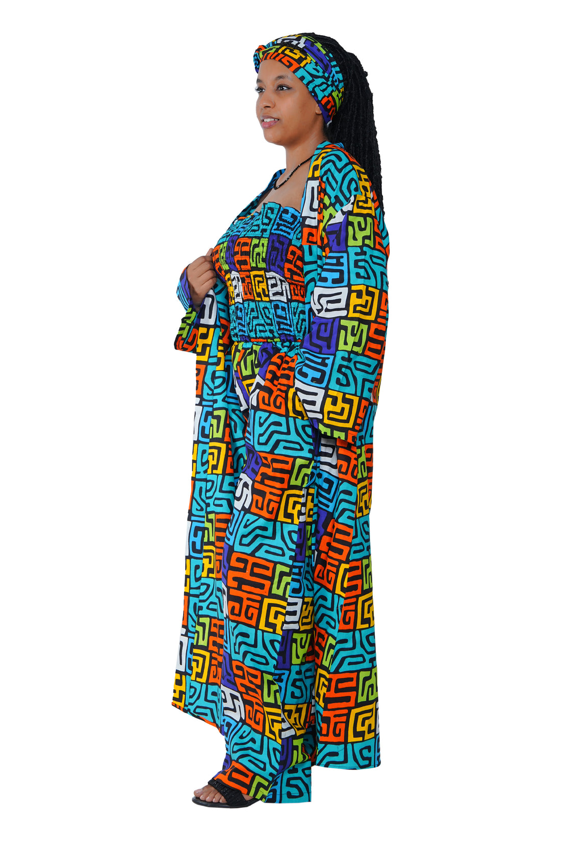 Smocked cotton top and kimono set in African print – side view