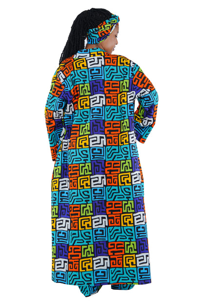 Ankara print kimono and pant set with matching head wrap – back view