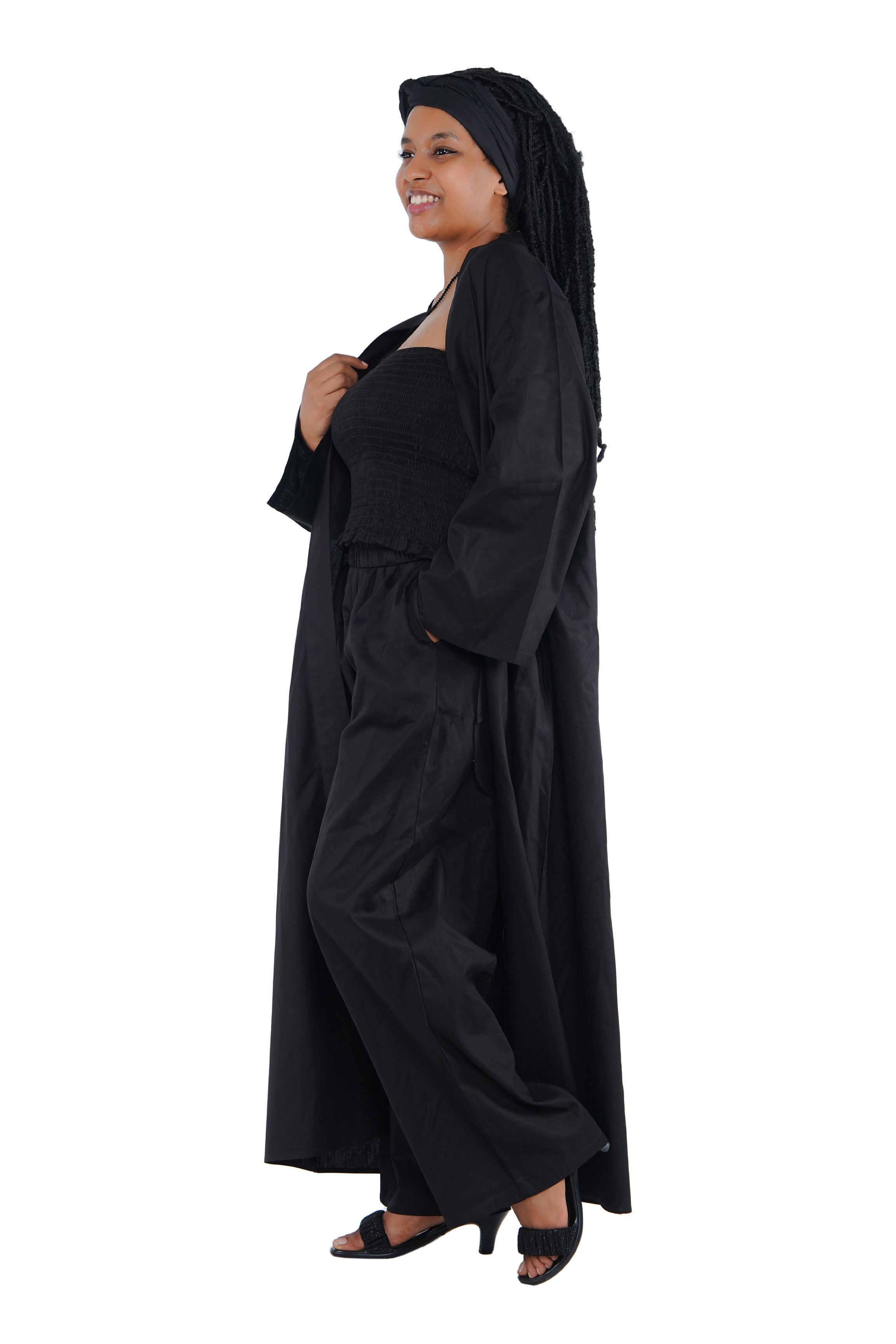 Black 3-Piece Set for Women–Smocked Top, Pants, and Kimono with Head Wrap