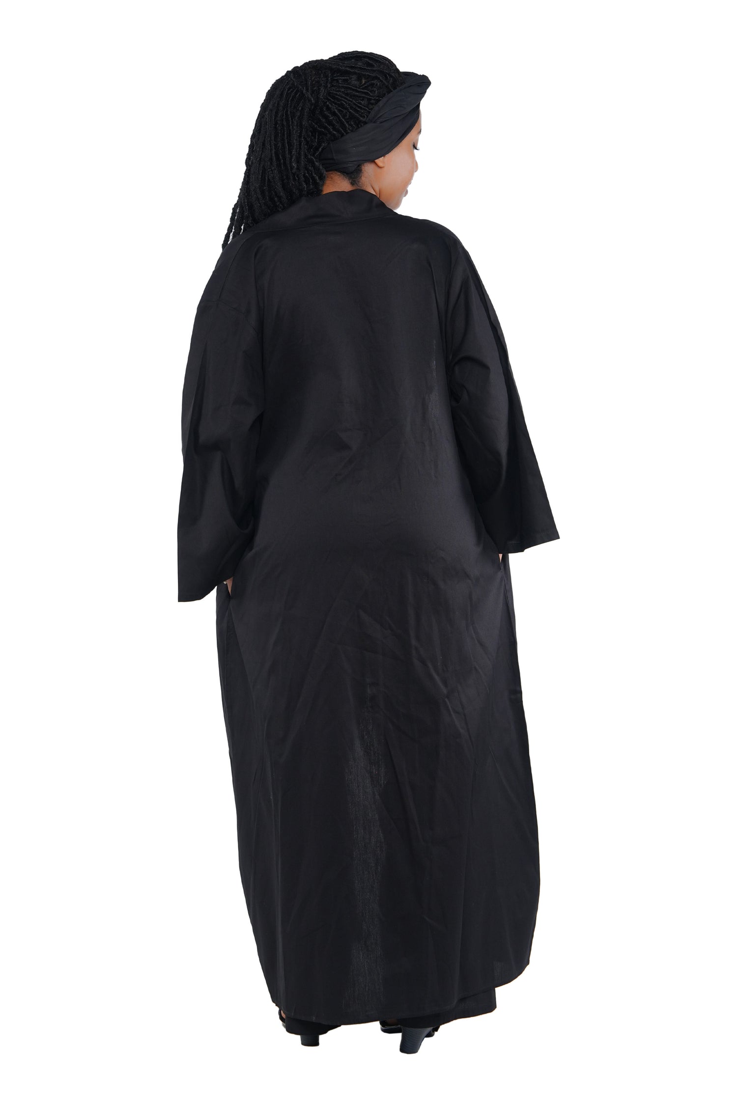 Black 3-Piece Set for Women–Smocked Top, Pants, and Kimono with Head Wrap