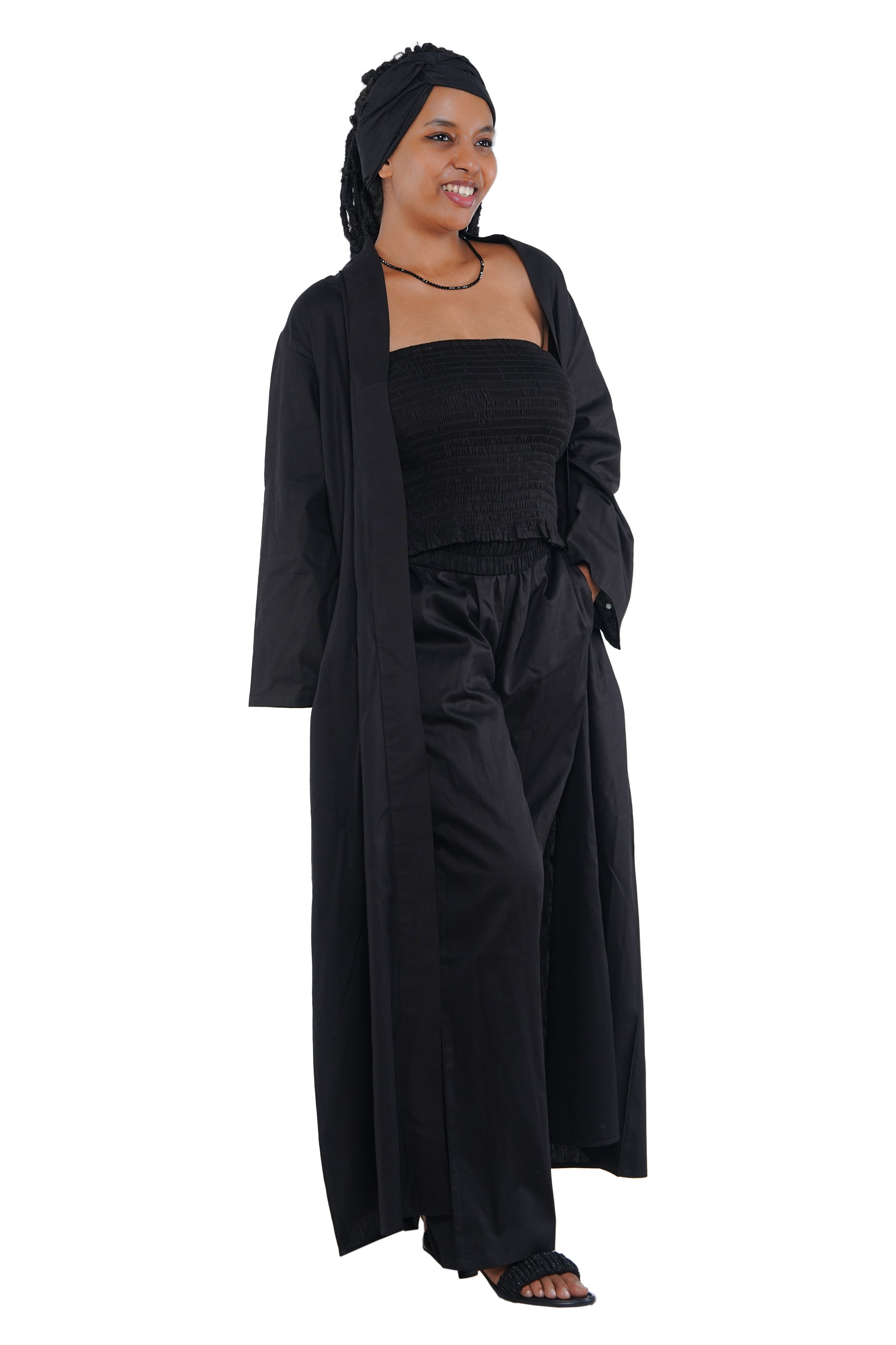 Black 3-Piece Set for Women–Smocked Top, Pants, and Kimono with Head Wrap