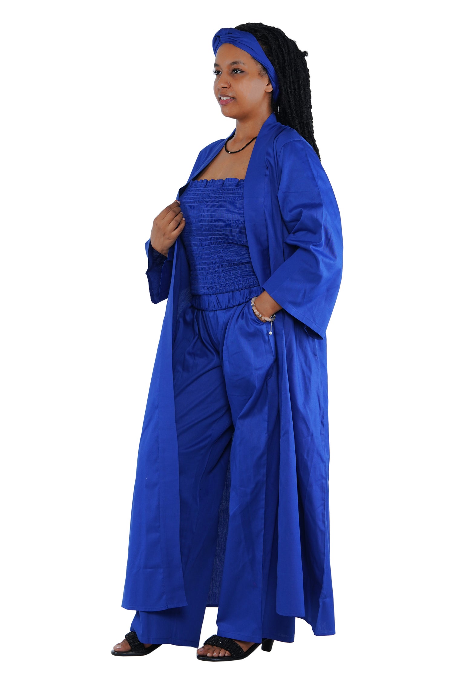 Blue 3-Piece Set for Women–Smocked Top, Pants, and Kimono with Head Wrap
