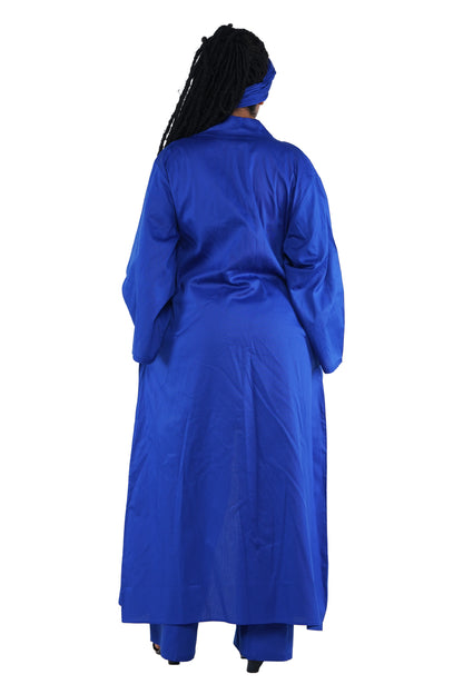 Blue 3-Piece Set for Women–Smocked Top, Pants, and Kimono with Head Wrap