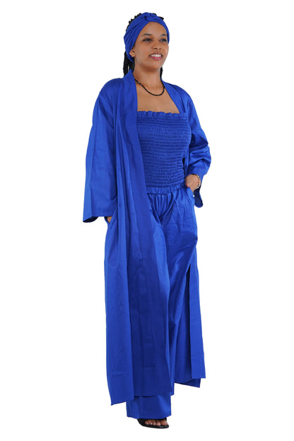 Blue 3-Piece Set for Women–Smocked Top, Pants, and Kimono with Head Wrap