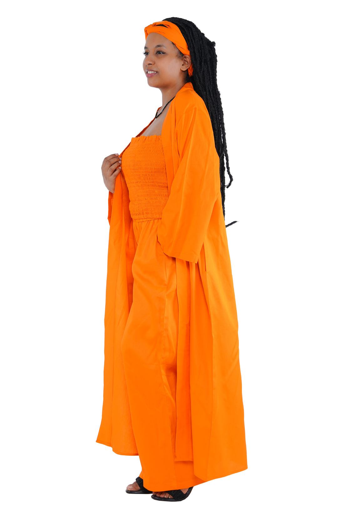 Orange 3-Piece Set for Women–Smocked Top, Pants, and Kimono with Head Wrap